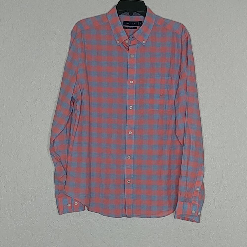 Nautica Classic Fit Button Down Large Gingham Print Shirt Size L